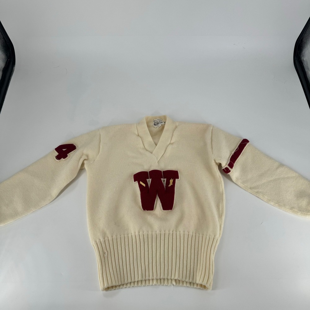 Vintage Nill Bros Wool Letterman Sweater Cream Burgundy Athletic‎ Size Rare 42